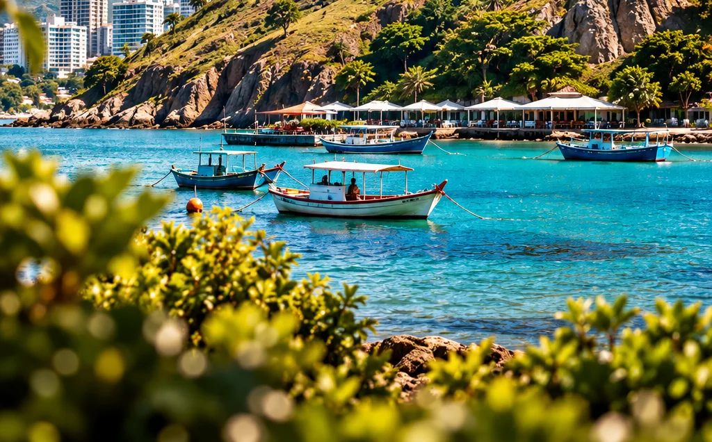 Barcos coloridos em mar azul com igreja histórica no alto do morro