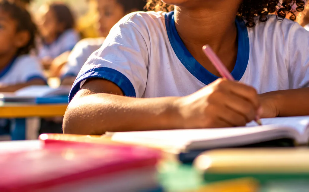 Menina sorrindo em sala de aula ao ar livre, escrevendo em caderno