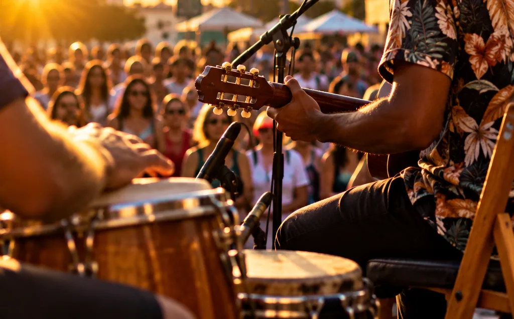 Músico com violão se apresentando para público diante de igreja histórica