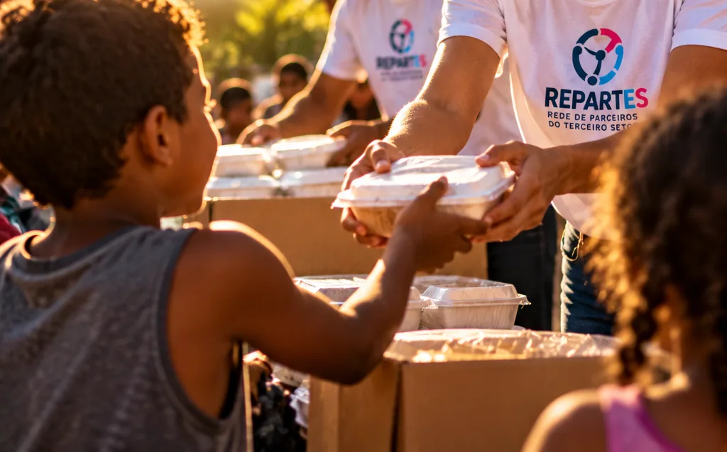 Voluntários entregando marmitas para crianças em ação comunitária